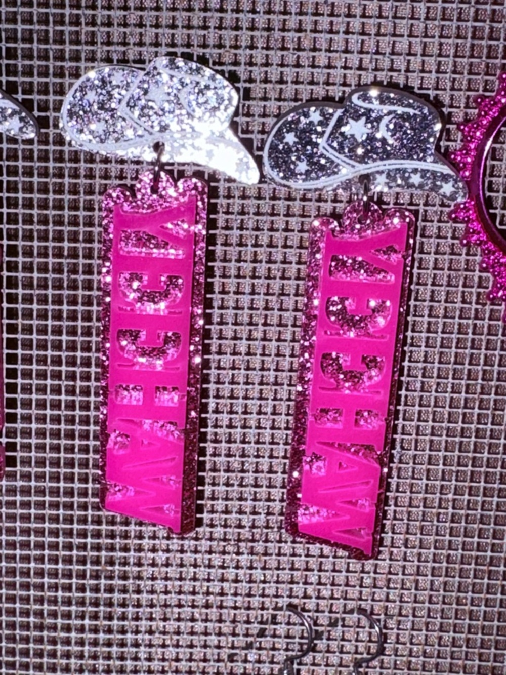 Pink Glitter 'WHATEVER' Dangle Earrings with Silver Cowboy Hat